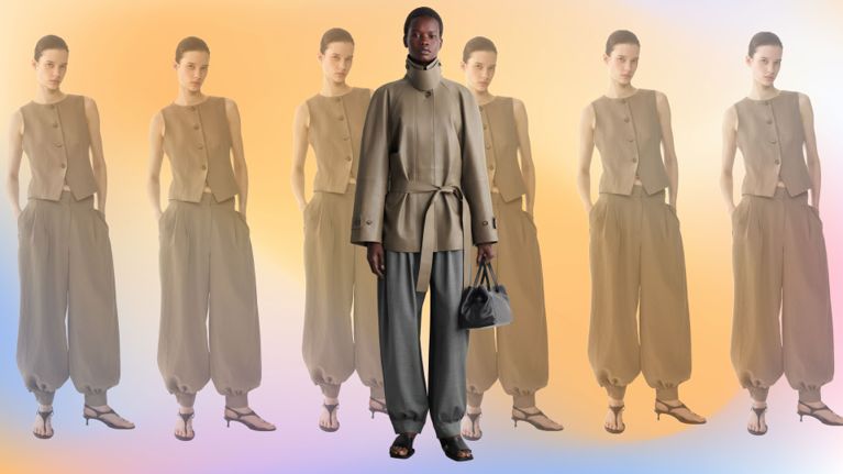 A model wearing beige H&M Balloon-Leg Twill Pants for an article about the balloon-hem pants trends.