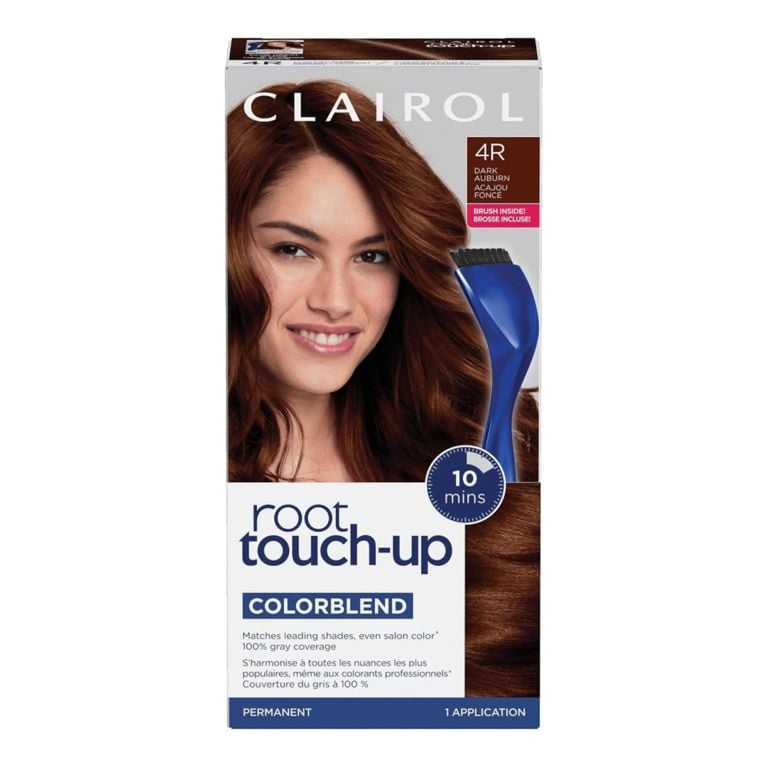 A box of Clairol Root Touch-Up Colorblend Permanent in the shade Dark Auburn 4R for an article about how to dye your own hair at home