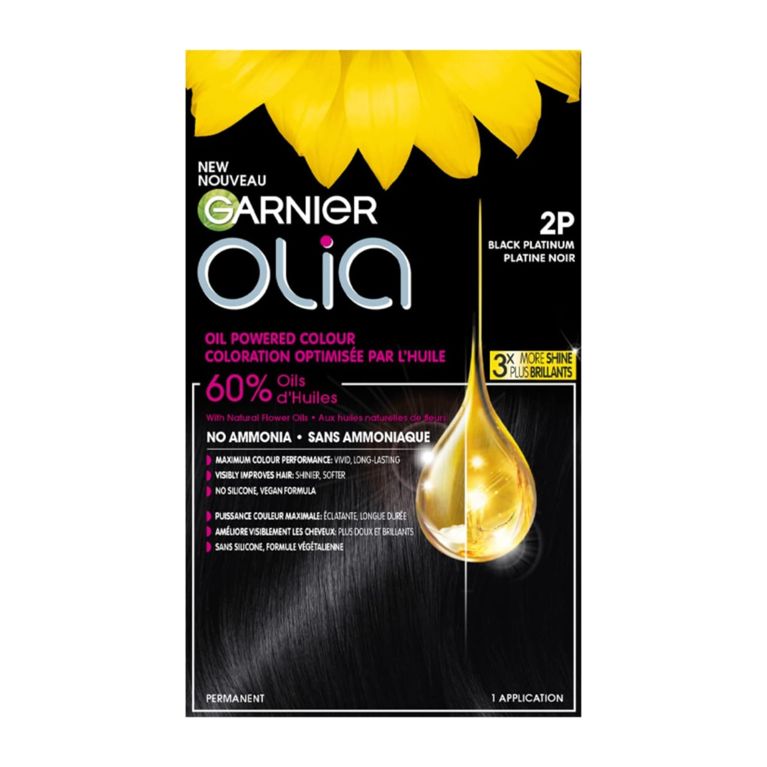 A box of Garnier Olia Oil Powered Colour in the shade 2p Black Platinum for an article about how to dye your own hair at home