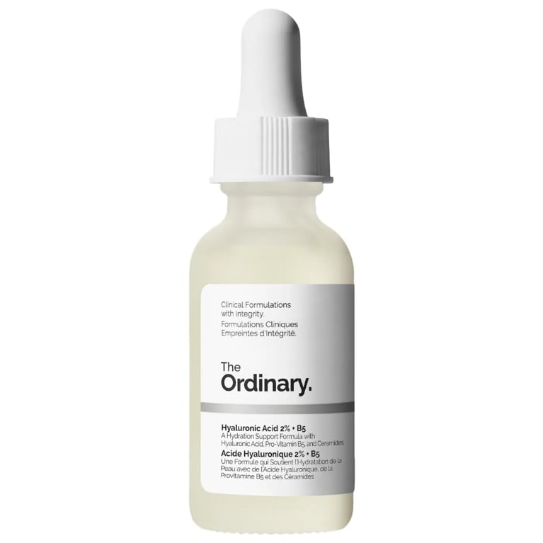A bottle of The Ordinary Hyaluronic Acid 2% + B5 Hydrating Serum with Ceramides for an article about everything you need to know about hyaluronic acid