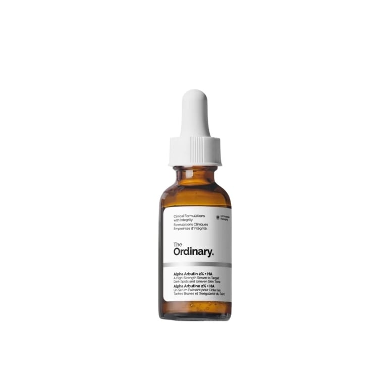 A bottle of The Ordinary Alpha Arbutin 2% + HA Serum for an article for an article about everything you need to know about hyperpigmentation