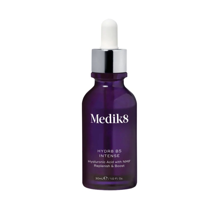 A 30ml bottle of Medik8 Hydr8 B5 Intense Hyaluronic Acid with NMF Replenish & Boost for an article about everything you need to know about hyaluronic acid