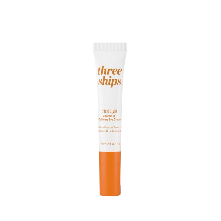 A 15g tube of the Three Ships First Light Vitamin C+ Caffeine Eye Cream for an article about cruelty-free beauty products