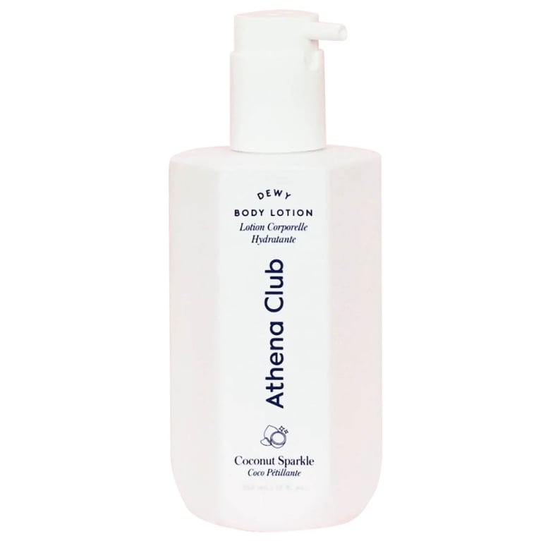 A bottle of Athena Club Dewy Body Lotion Coconut Sparkle for an article about the best hand creams according to our editors.