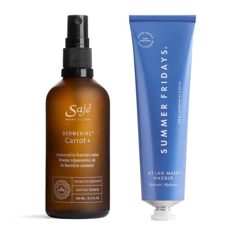 A bottle of the Saje Dermedial Carrot+ Restorative Mist and the Summer Fridays Jet Lag Mask for an article about the best purchases editors picked for April 2026