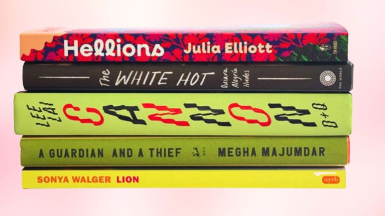 A stack of books on a pink background in a post about the Carol Shields prize shortlist