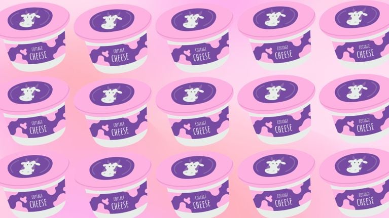 A repeating graphic of cottage cheese containers in a post about cottage cheese shortage canada.