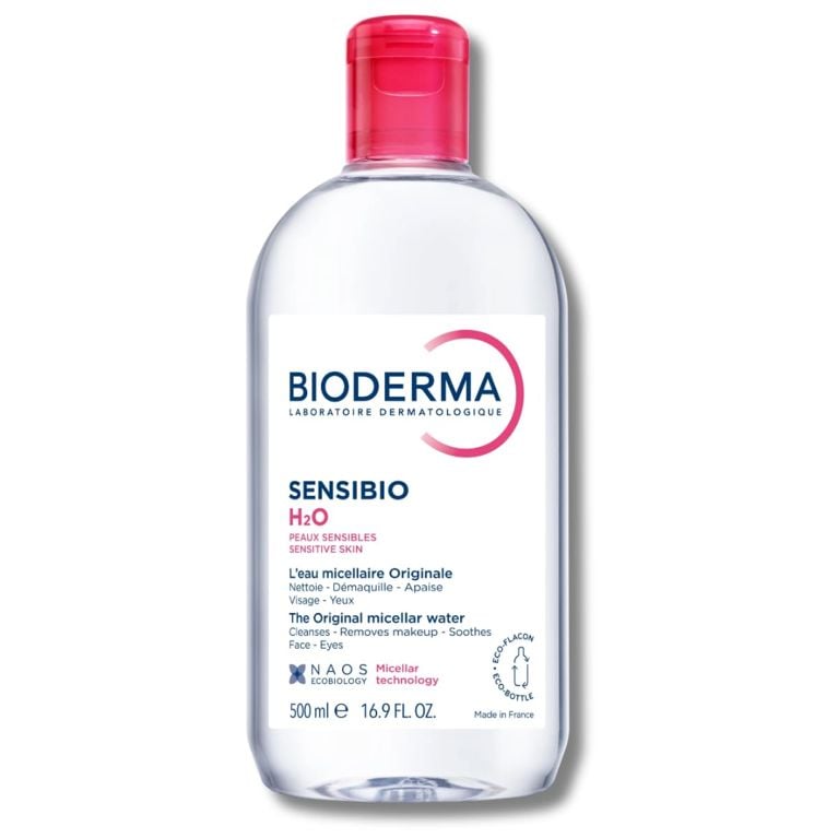 A 500ml bottle of Bioderma Sensibio H2O Micellar Water for an article about the best french drugstore beauty products you can purchase in Canada