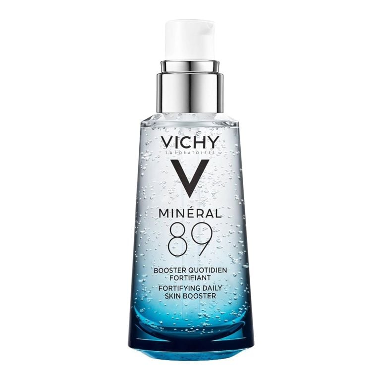 A bottle of Vichy Mineral 89 Fortifying Skin Booster for an article about the best french drugstore beauty products you can purchase in Canada