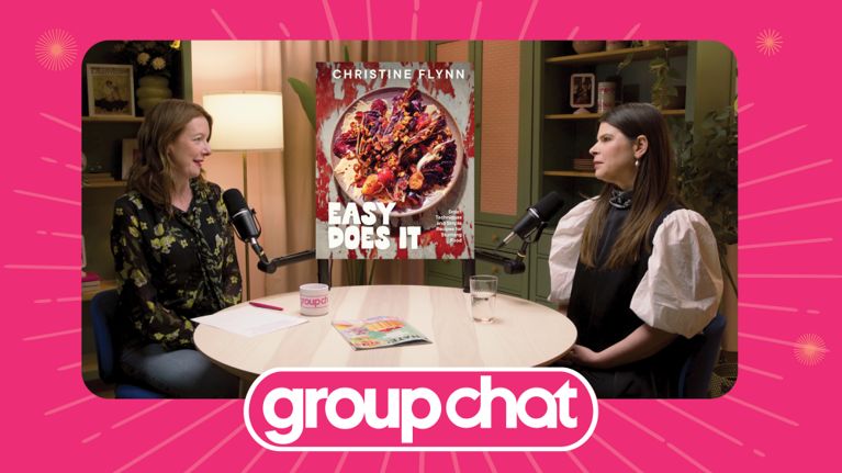 A screenshot from Episode 3 of the Chatelaine podcast Group Chat, featuring host Maureen Halushak and cookbook author Christine Flynn.