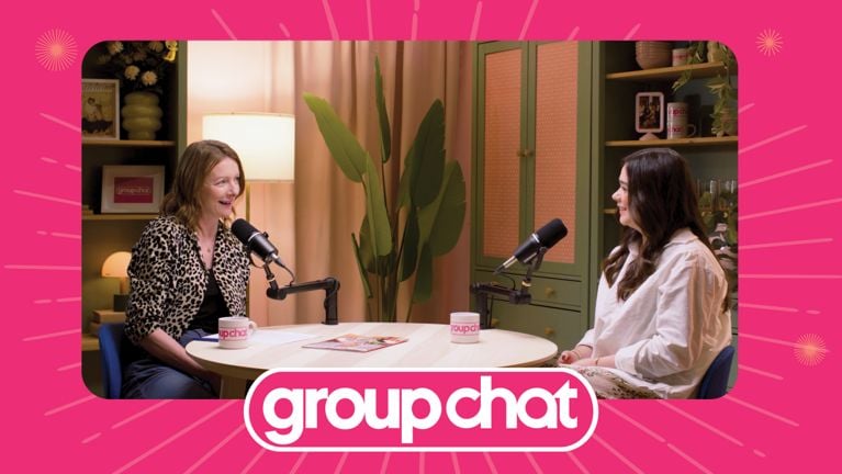 A screenshot of the Group Chat podcast episode on home decor, featuring Maureen Halushak and Alexandra Gater.