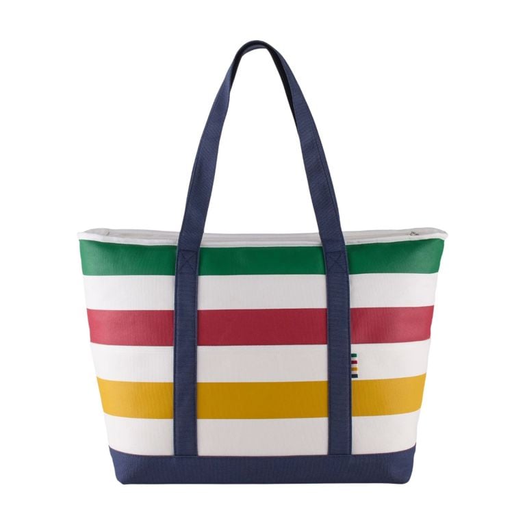 A Hudson's Bay Canadian Tire Summer Collection '26 Insulated Cooler Bag with green, red, yellow, white and navy blue stripes for an article about the new collection