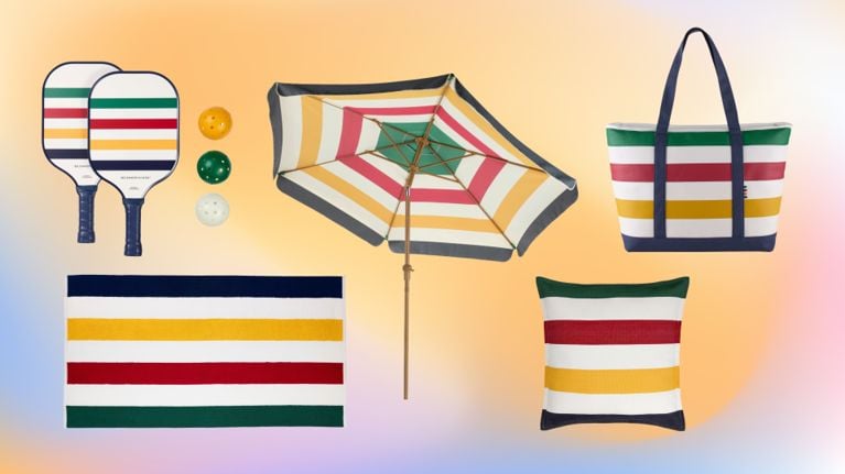 A Hudson's Bay Canadian Tire Summer Collection '26 Insulated Cooler Bag with green, red, yellow, white and navy blue stripes for an article about the new collection