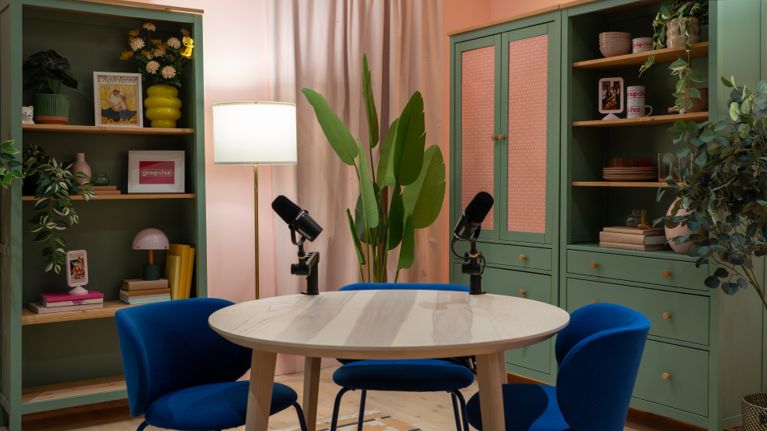 A mockup of the podcast studio using IKEA furniture.