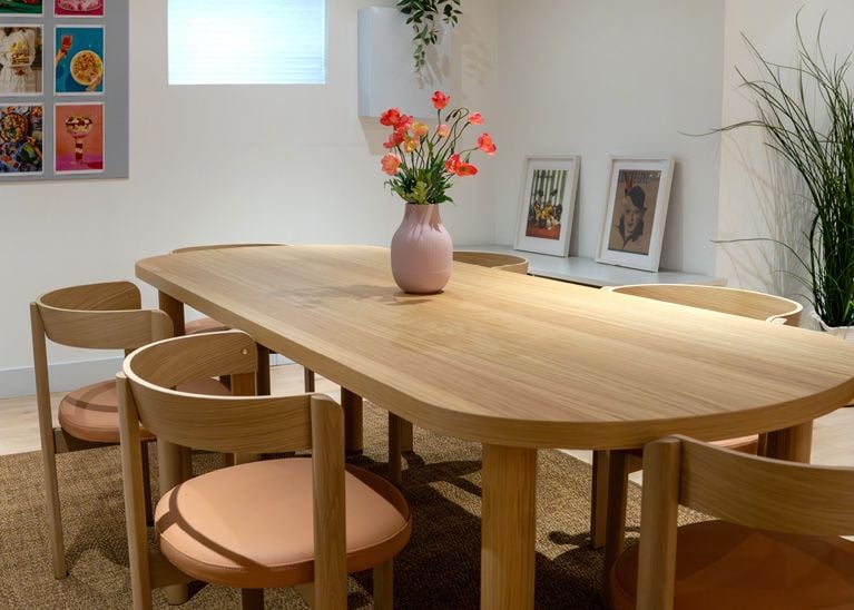 A dining area on the Group Chat podcast studio for Chatelaine, furnished by IKEA Canada.