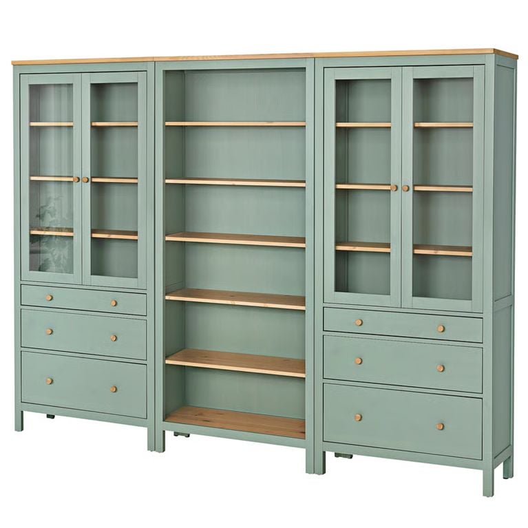 IKEA HEMNES glass door cabinet + open shelf cabinet in grey-green/light brown