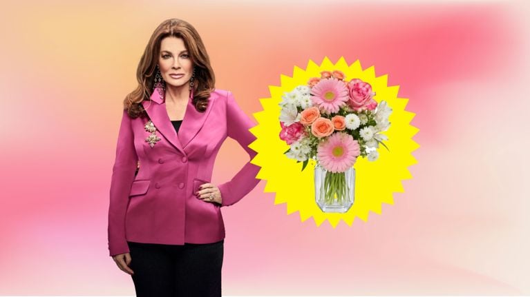 A photo of Lisa Vanderpump next to a bouquet of flowers in a yellow starburst, for a story about Vanderpump’s collaboration with Loblaws.