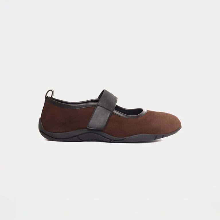 A pair of brown suede Maguire Evora Mary Janes shoes.