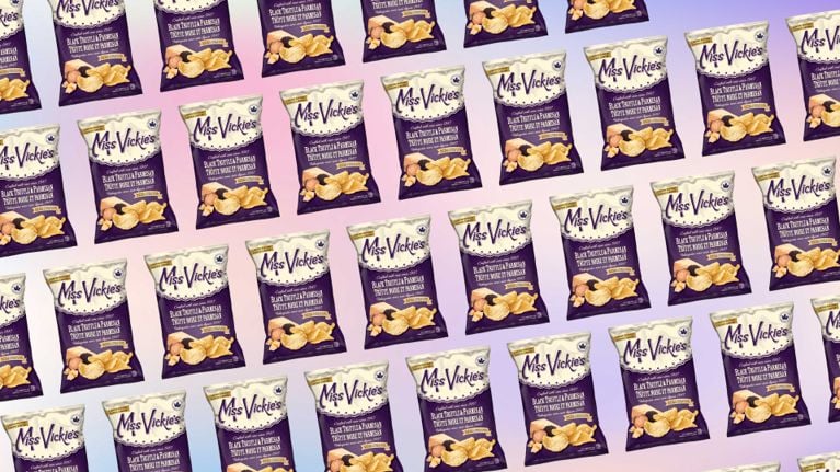 A collage of bags of Miss Vickie's Black Truffle and Parmesan chips.