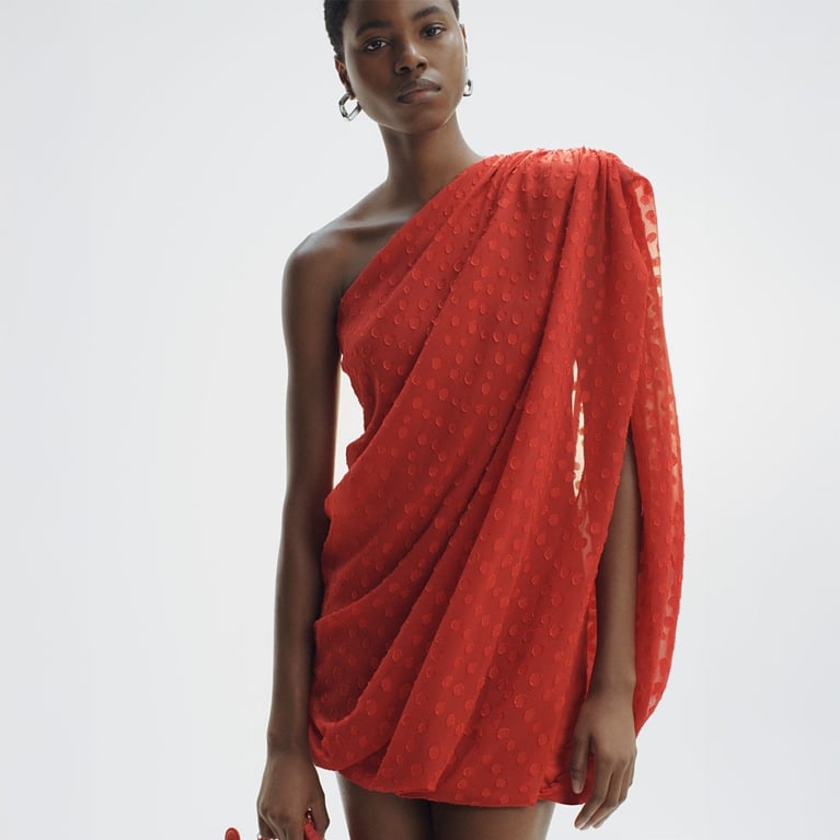 A drapey red dress from the Stella McCartney H&M 2026 collection.