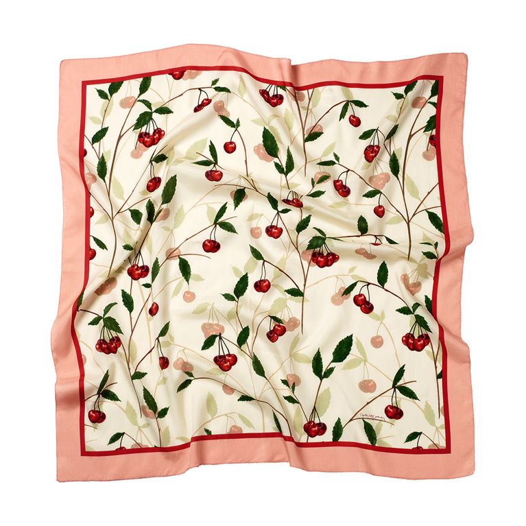 A cherry motif silk scarf from the Stella McCartney H&M 2026 collection.