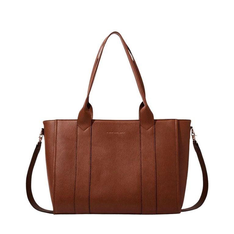 A Poppy & Peonies Multitasker bag in the shade Chestnut for an article about 12 structured tote styles that do it all
