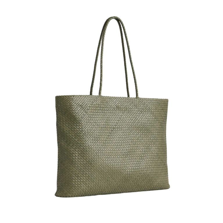 A Quince Italian Leather Handwoven Tote in the shade Olive for an article about 12 structured tote styles that do it all
