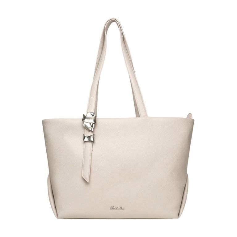 A Steven Madden BGLACE white tote bag with metallic decor along the shoulder strap for an article about 12 structured tote styles that do it all