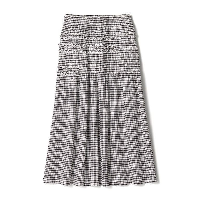 A black and white gingham shirred skirt against a white background for an article about the Uniqlo Cecilie Bahnsen Spring-Summer 2026 collection.