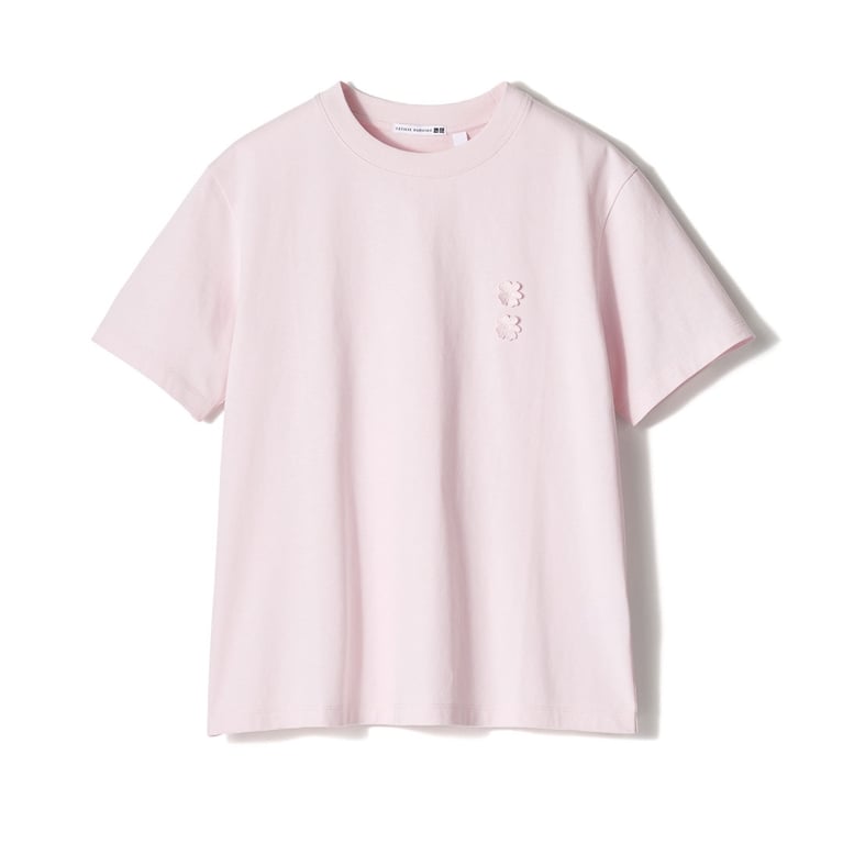 A pink floral tee against a white background for an article about the Uniqlo Cecilie Bahnsen Spring-Summer 2026 collection.