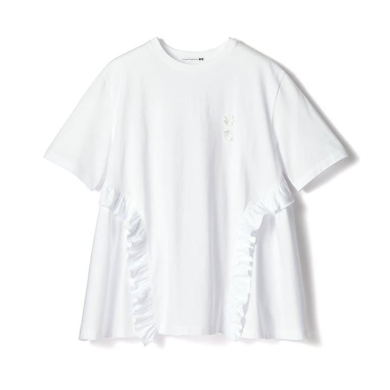A white ruffle tee against a white background for an article about the Uniqlo Cecilie Bahnsen Spring-Summer 2026 collection.