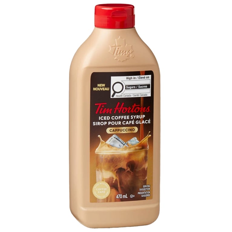 A jug of Tim Hortons Iced Coffee Syrup.