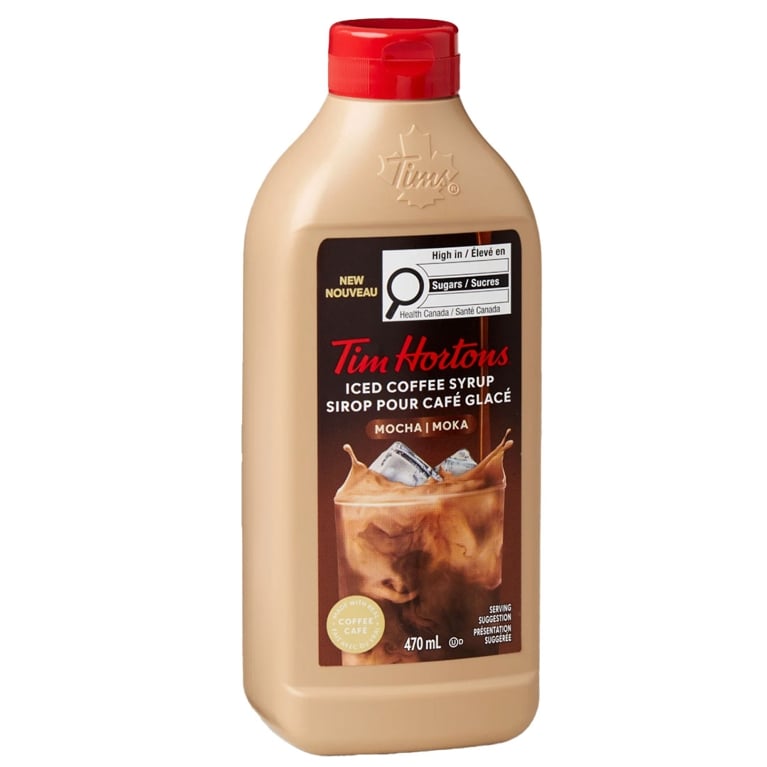A jug of Tim Hortons Mocha Iced Coffee Syrup.