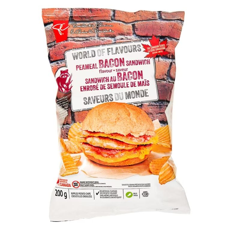 A bag of PC’s World of Flavours peameal bacon sandwich chips.