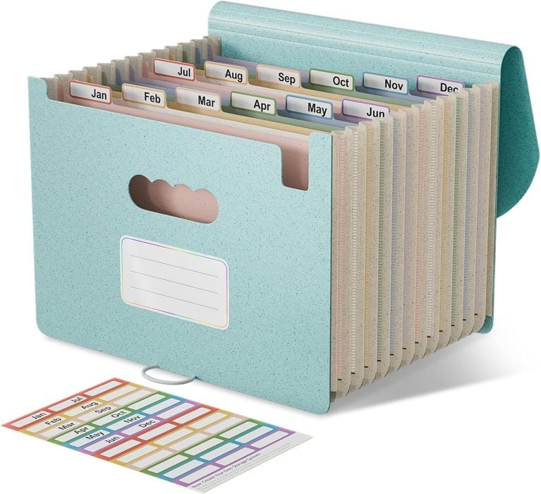 A teal expanding file folder for organizing papers.