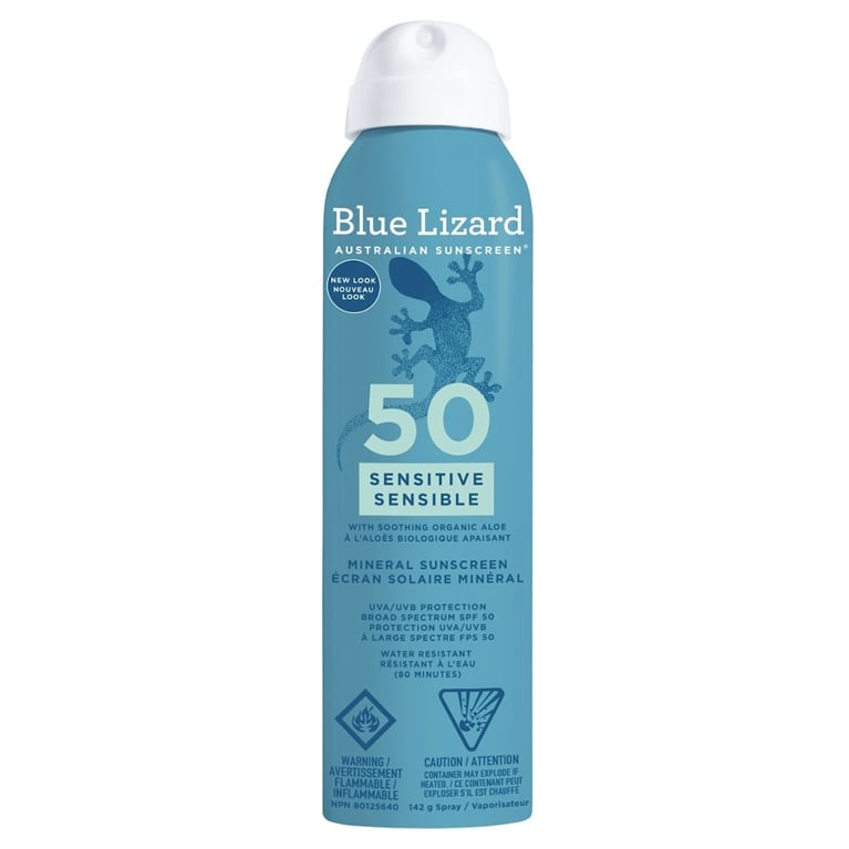 A tube of Blue Lizard Sensitive Mineral Sunscreen Spray SPF 50 for an article about the best sunscreens for body.