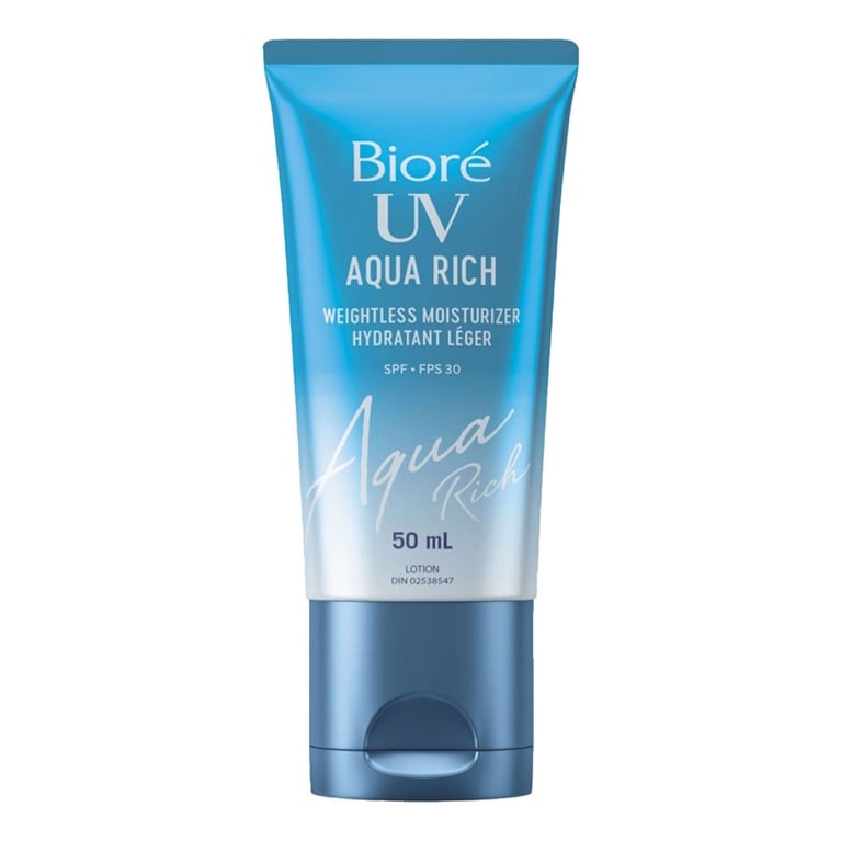 A tube of Bioré UV Aqua Rich Weightless Moisturizer SPF 30 for an article about the best sunscreens for face.