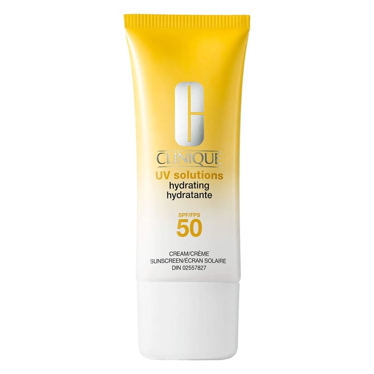 A tube of Clinique UV Solutions Hydrating Sunscreen SPF 50 for an article about the best sunscreens for face.