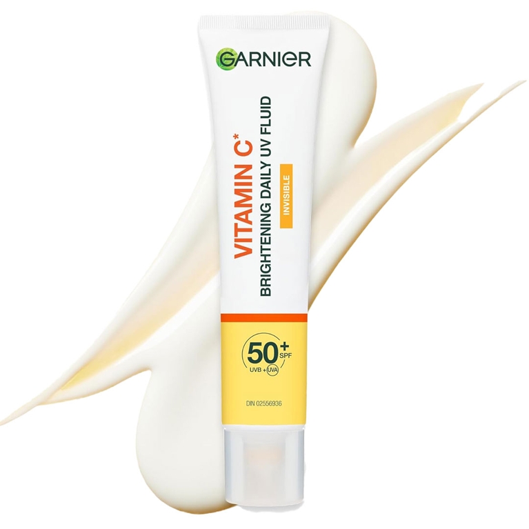 A tube of Garnier Vitamin C Brightening Daily UV Fluid Invisible SPF 50 for an article about the best sunscreens for face.