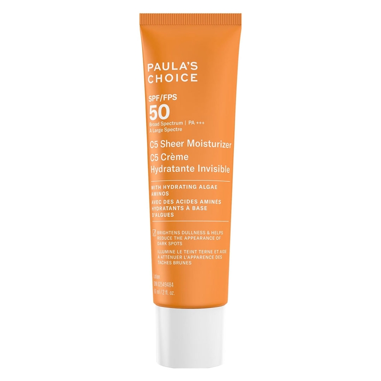 A tube of Paula’s Choice C5 Sheer Moisturizer SPF 50 for an article about the best sunscreens for face.