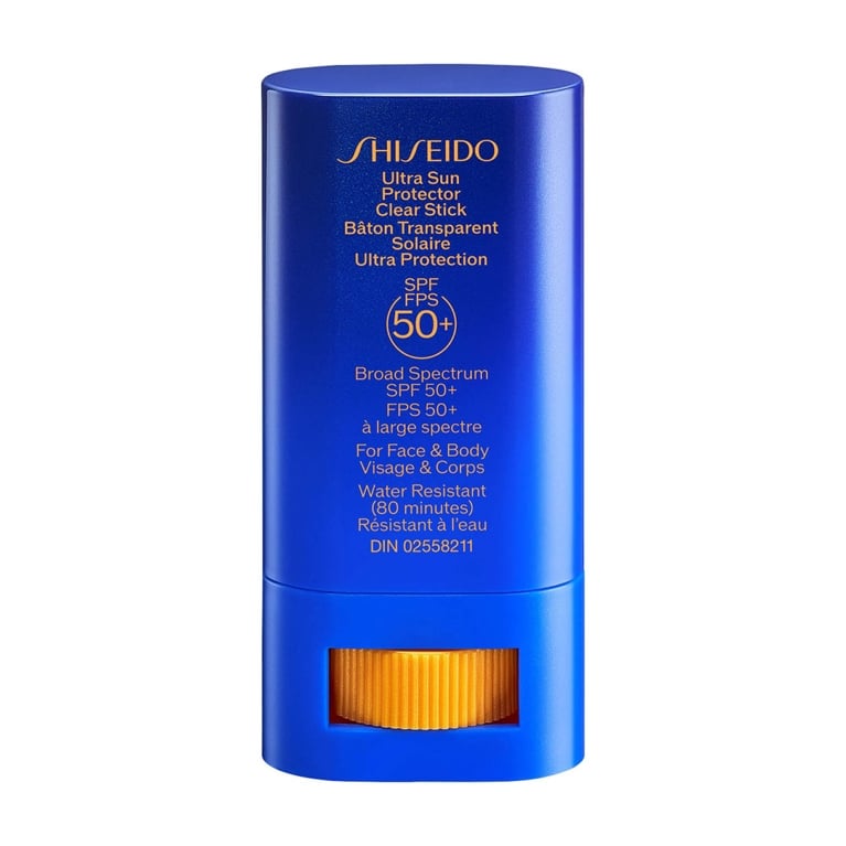 A tube of Shiseido Ultra Sun Protector Clear Stick SPF 50+ for an article about the best sunscreens for face.