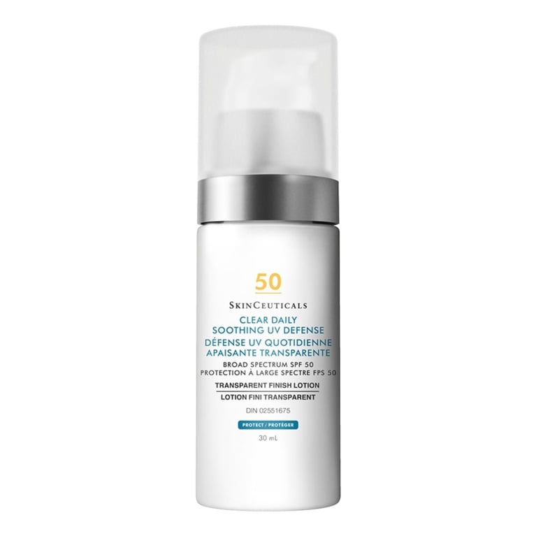 A tube of SkinCeuticals Clear Daily Soothing UV Defense SPF 50 for an article about the best sunscreens for face.