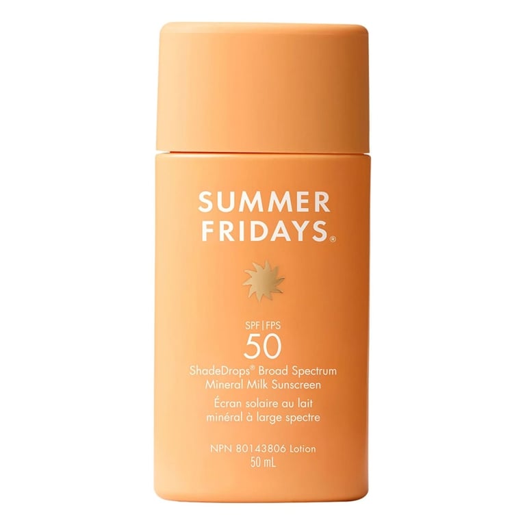 A tube of Summer Fridays ShadeDrops SPF 50 Mineral Milk Sunscreen for an article about the best sunscreens for face.