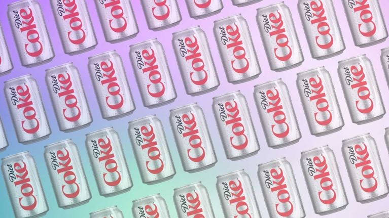 A collage of Diet Cokes on an ombre background