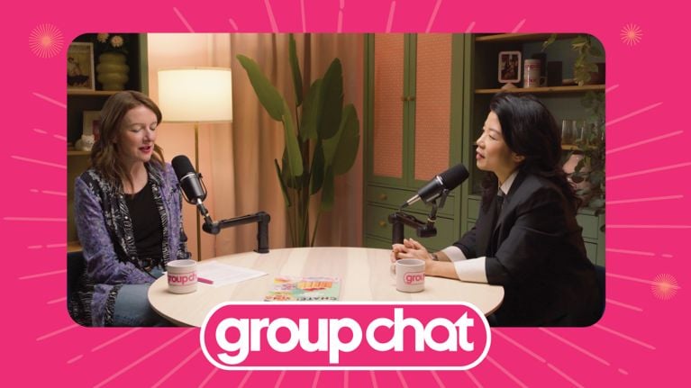 Maureen Halushak and Jenn Park Krulik on the set of the Chatelaine podcast Group Chat.