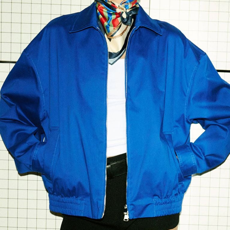 A cobalt blue boxy jacket from the Hailey Bieber Mango collection.