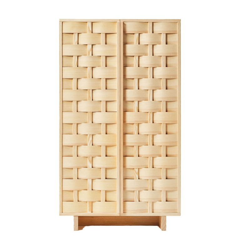 A woven pine cabinet from the IKEA PS 2026 collection.