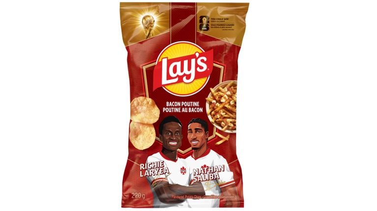 A red bag of lays bacon poutine potato chips used in a post on lays-chips-world-cup-taste-test