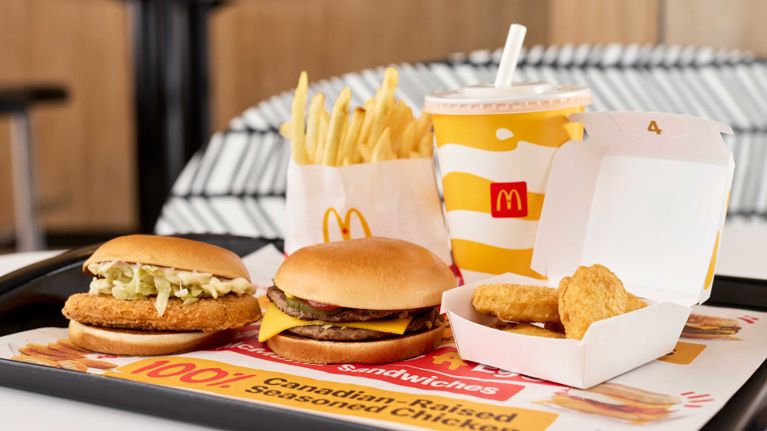 A burger, fish fillet, nuggest, a drink and fries from McDonalds in a post about $5 meal deals.