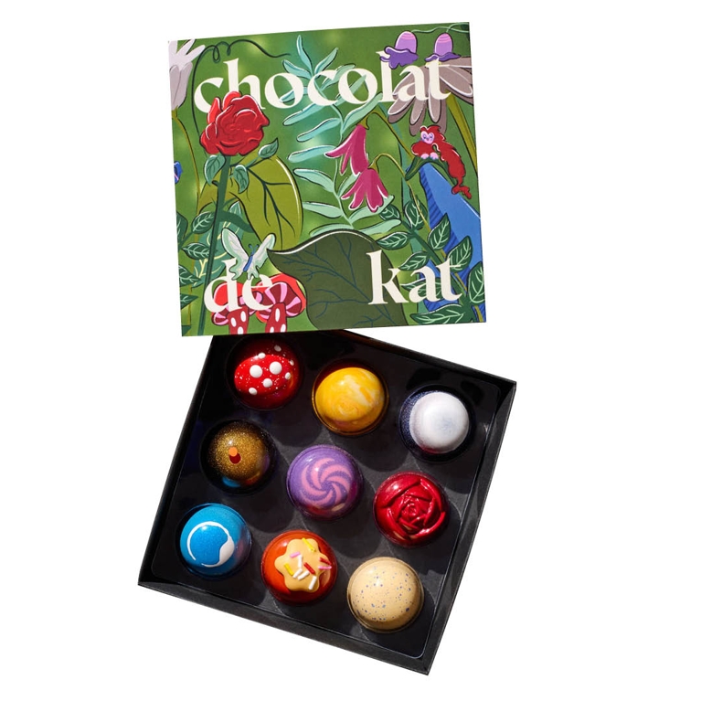 A box of Chocolat de Kat Mother’s Day in Wonderland Collection bonbons for an article about Mother's Day gifts from Canadian brands.